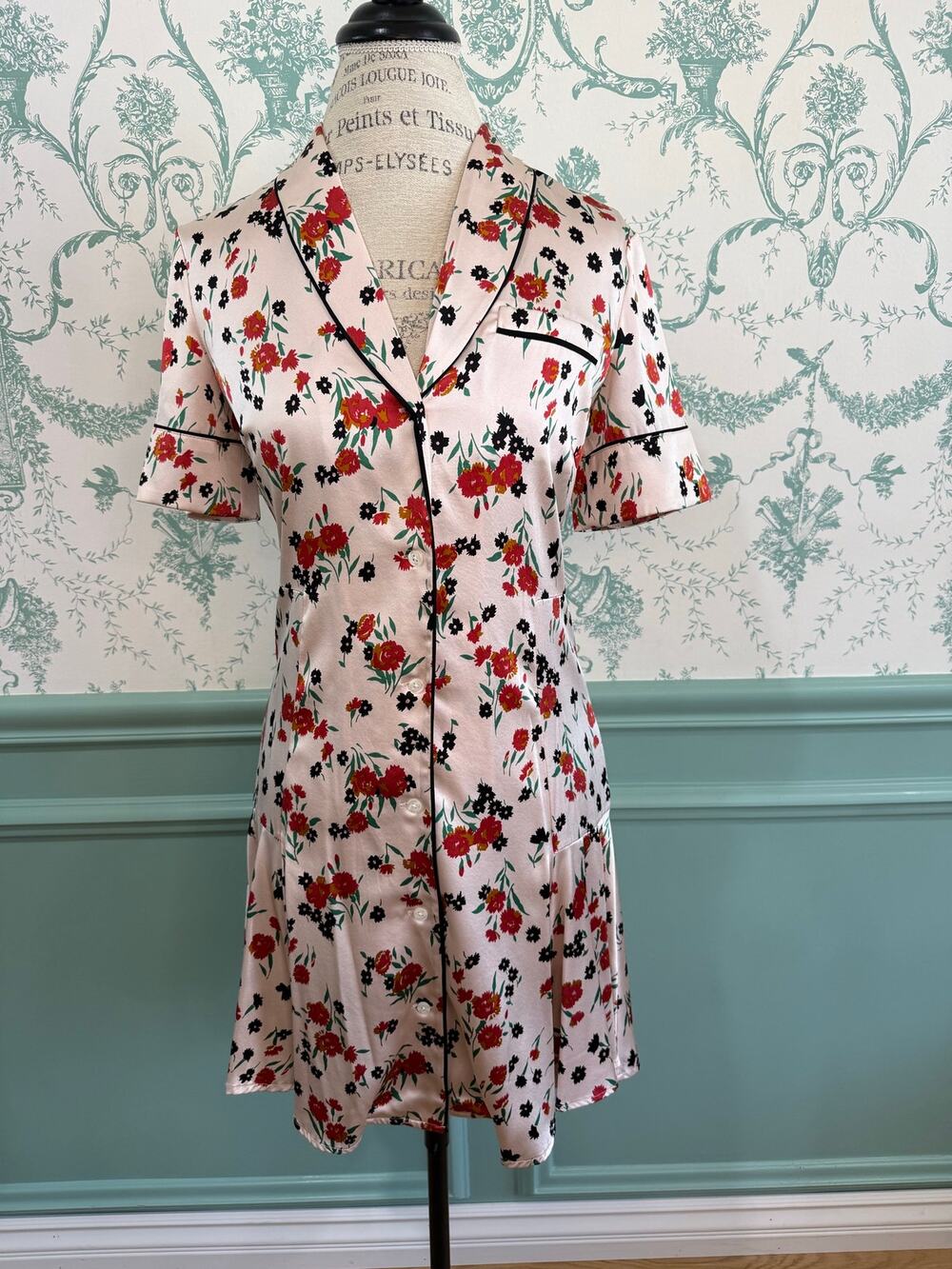 NWT A.L.C. Ruthie Floral Silk Pajama Dress Short Sleeve Piping Cream/Pink US 2⁠